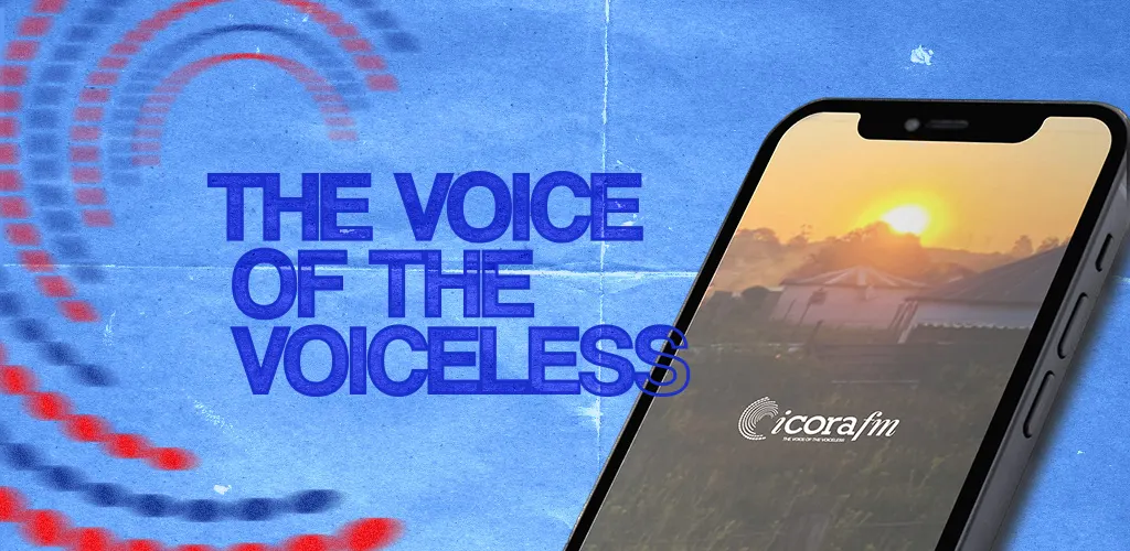 iCORA FM app key visual — splash screen with the voice of the voiceless
