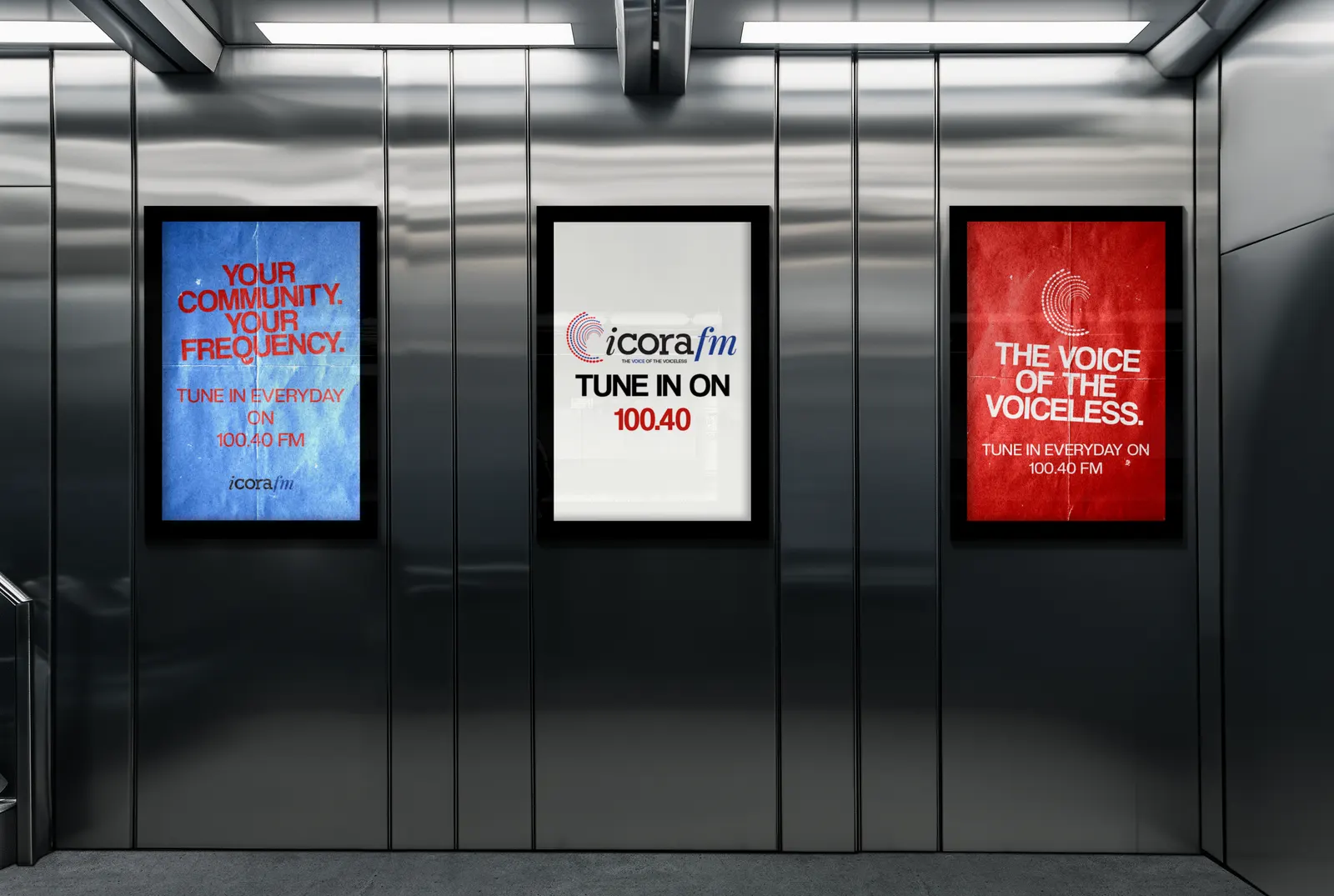 Three iCORA FM campaign posters — your community your frequency, tune in on 100.40, the voice of the voiceless
